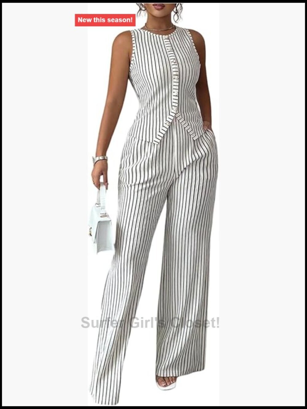 2 Piece Business Casual Outfit Striped Button Up Sleeveless Tank Top with Pants